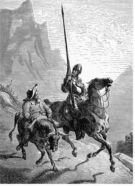Don Quixote rides out of Manhattan yesterday with Sancho Panza wondering at his denuded umbrella.